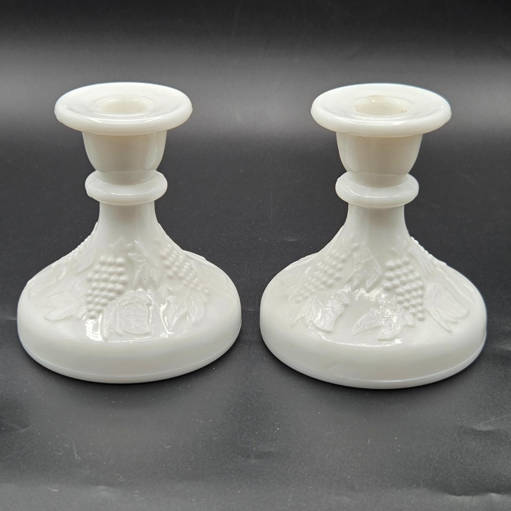 Pair Milk Glass Candle Holders Grape & Leaf Pattern 4.5" Tall Vintage